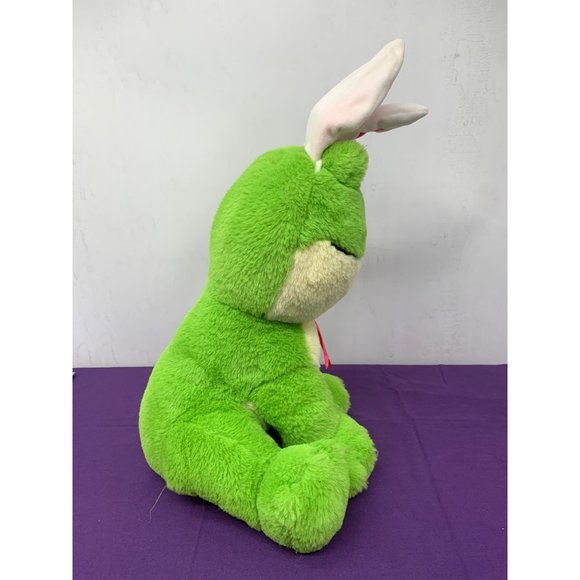 Walmart Green Frog Pink Bow Bunny Ears Easter 14.5 Inch Plastic Eyes Plush Stuff - Picture 4 of 11